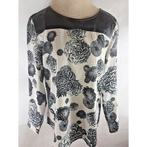 Womens Tunic Top Shirt White Black Floral Long Sleeve Crew Neck Zipper Blouse M